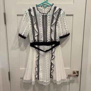 Self-Portrait White and Black Guipure Lace Ruffle Dress